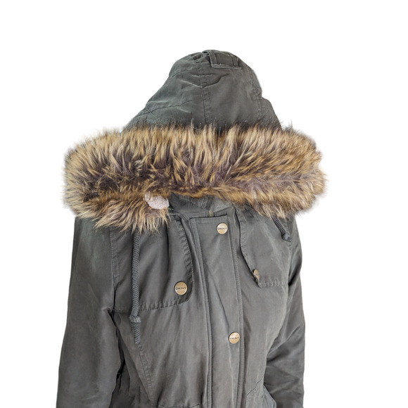DKNY Women's Faux-Fur Hooded Parka Anorak Jacket Olive Green - Picture 8 of 11